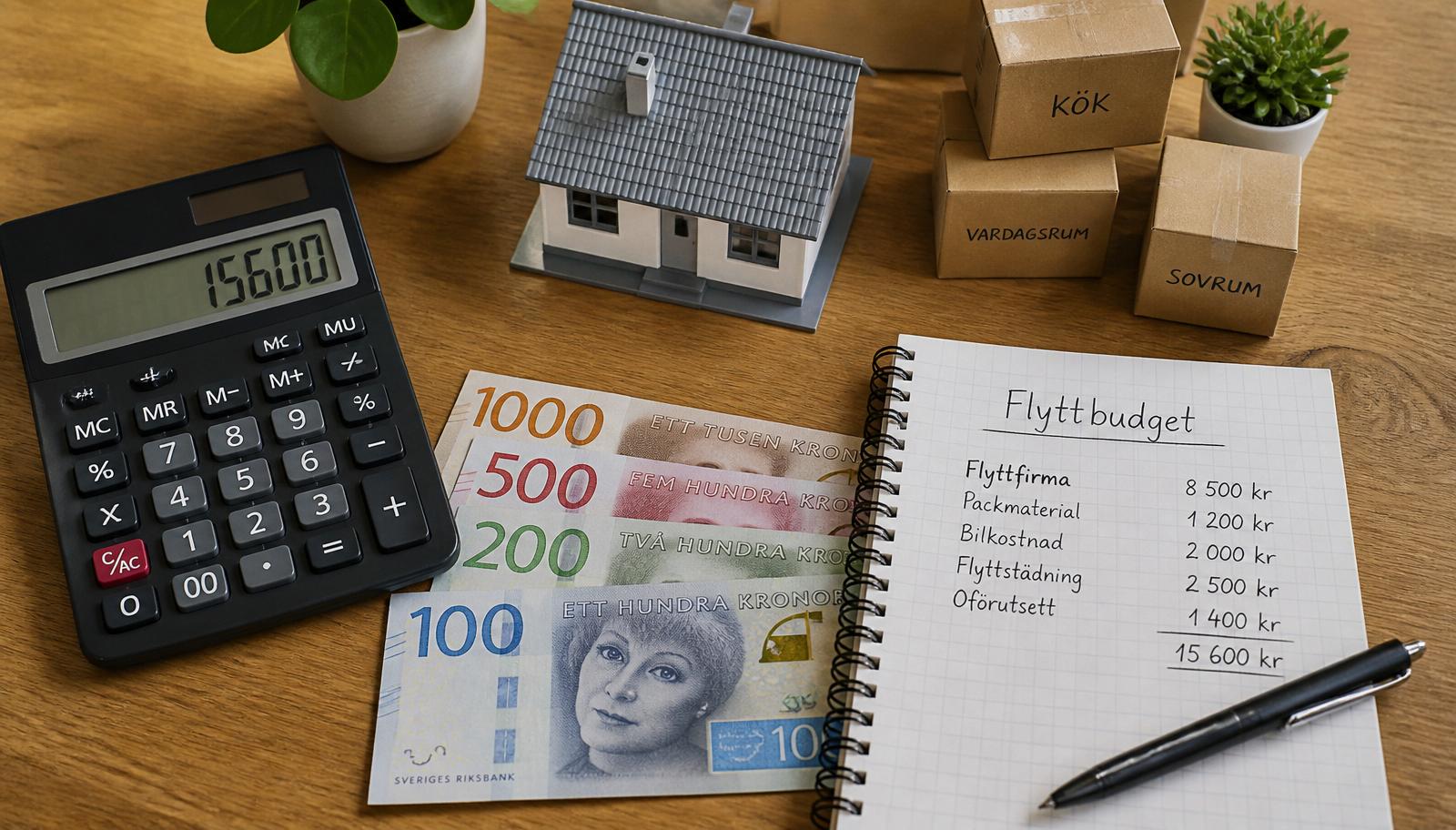 Flyttbudget med kalkylator, svenska kronor och flyttlådor