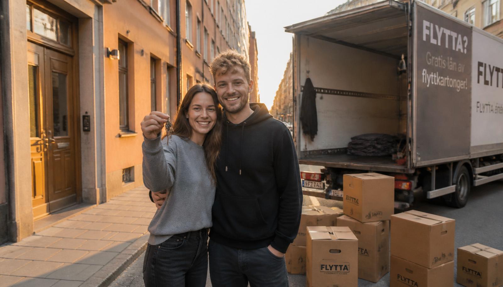 Par utanför nytt boende med nycklarna i handen
