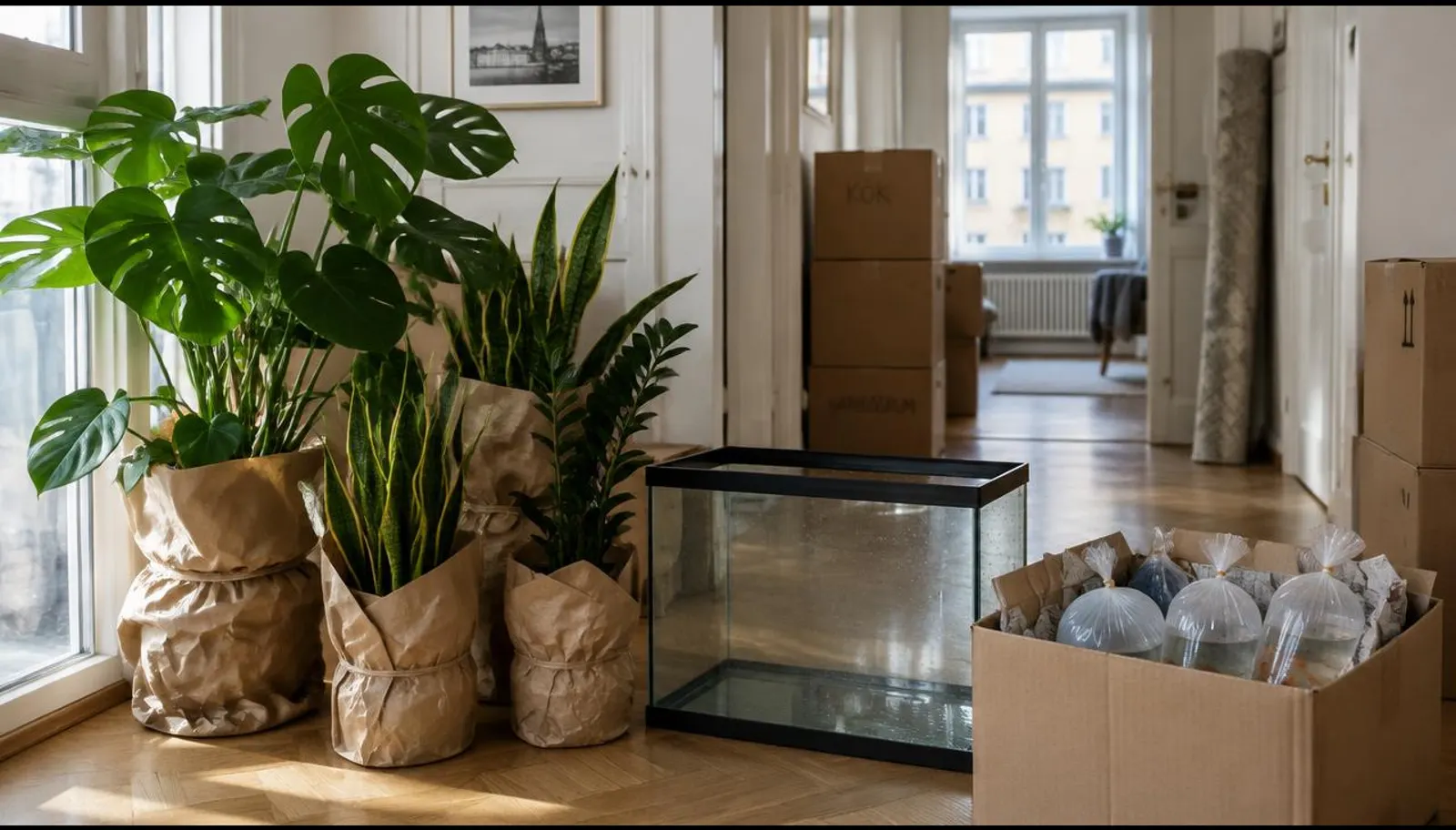 Krukväxter inslagna i papper, ett tömt akvarium och fiskar i transportpåsar i en hall under en flytt i Stockholm