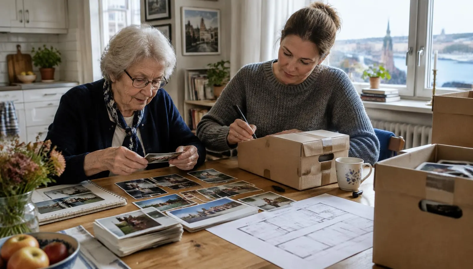 Äldre kvinna och vuxen dotter sorterar fotografier och märker flyttkartonger vid köksbordet med planritningen till ett seniorboende i Stockholm