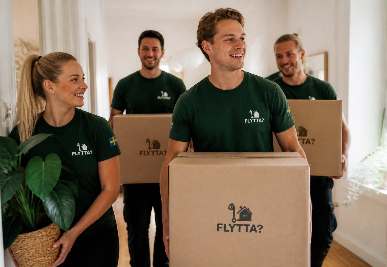 Flyttteam i gröna t-shirts bär flyttkartonger i en Stockholmslägenhet