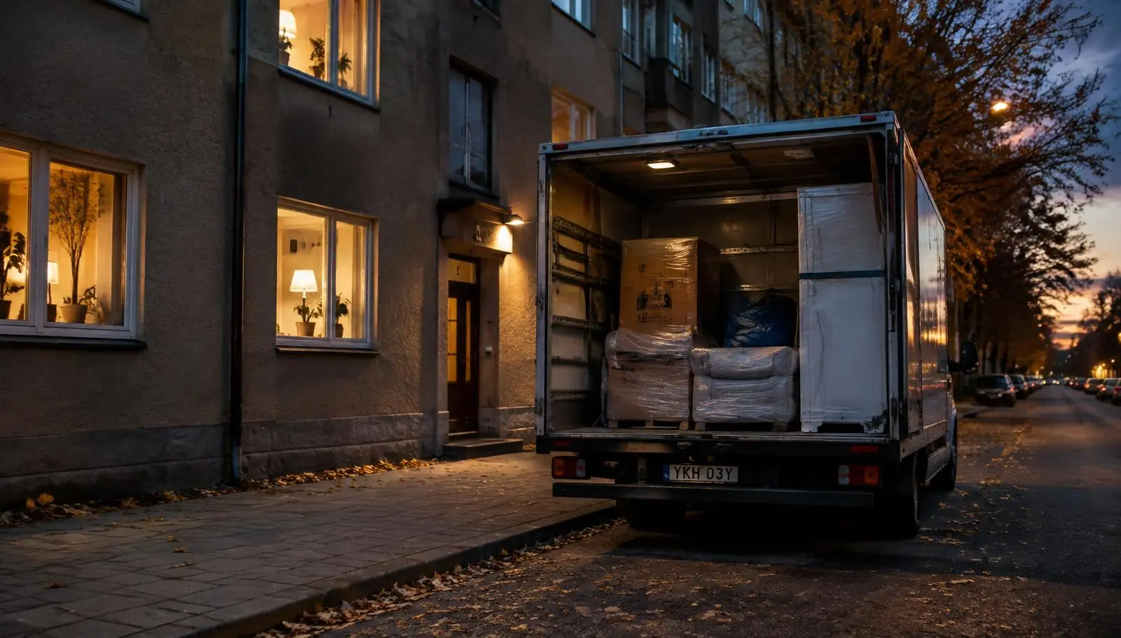 Lastad flyttbil med inplastade möbler och kartonger står parkerad över natten utanför ett bostadshus i Stockholm en höstkväll