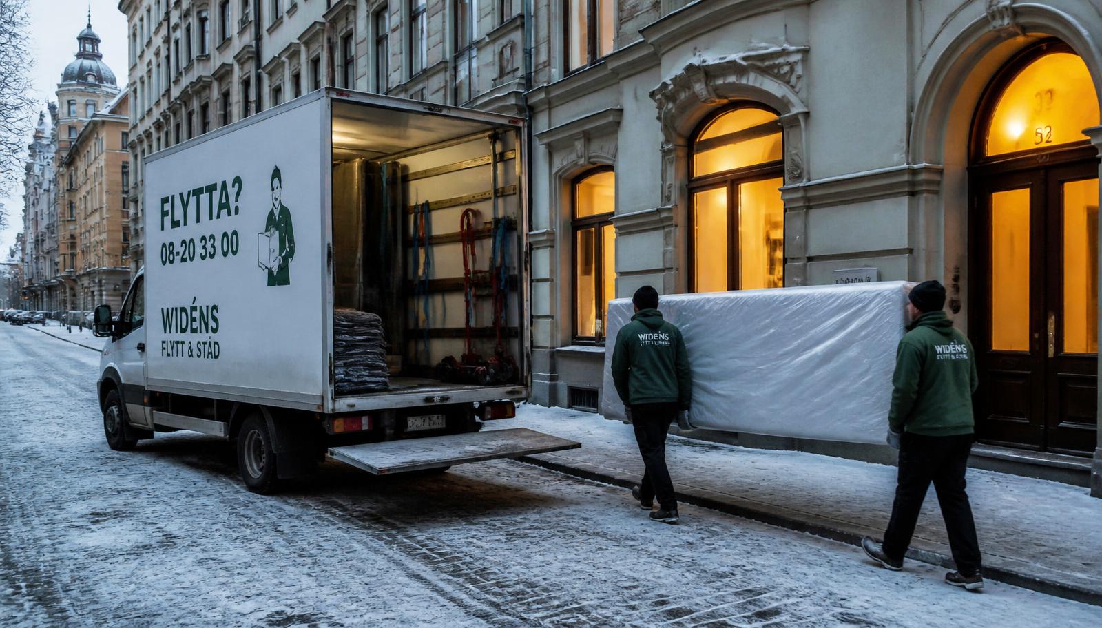 Vinterflytt i snöigt Stockholm